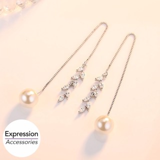 Falling Leaf CZ Pearl Threader Earrings | 葉子掉落鋯石珍珠耳環