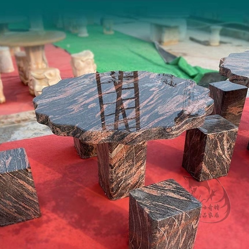 石桌石凳庭院花園 戶外天然大理石圓桌 家用花崗岩石桌 長方形石桌子