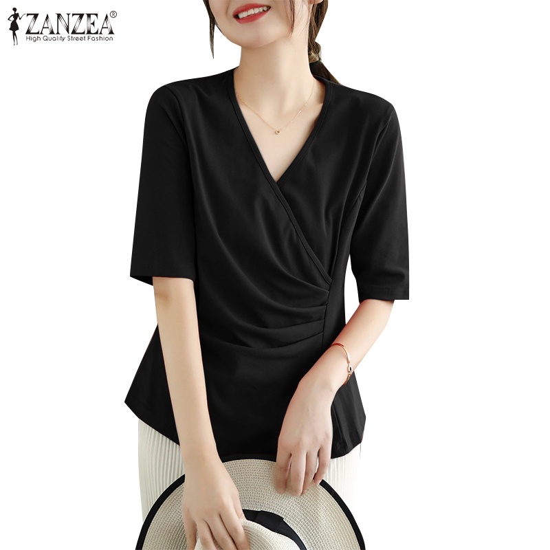Zanzea 女式韓版休閒半袖 V 領褶襉純色襯衫