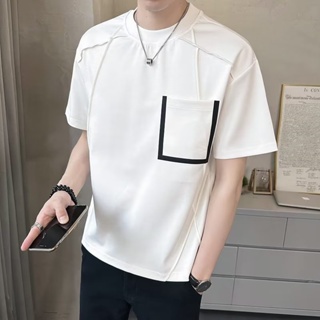夏季韓系男士T恤 重磅寬鬆潮牌潮流個性上衣 分割素色大口袋休閒短袖T恤衫M-3XL