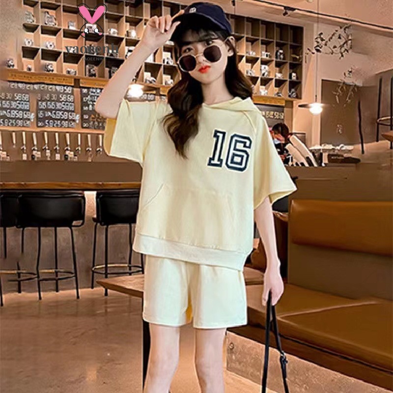 【YAOEENH】120-170CM 韓版女童套裝 中大童洋氣字母印花連帽休閒短袖寬鬆短褲兩件套 現貨 快速出貨
