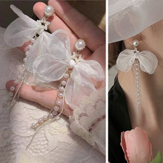 韓國時尚白色蝴蝶結珍珠流蘇長耳環明星婚紗吊式耳環女士耳飾