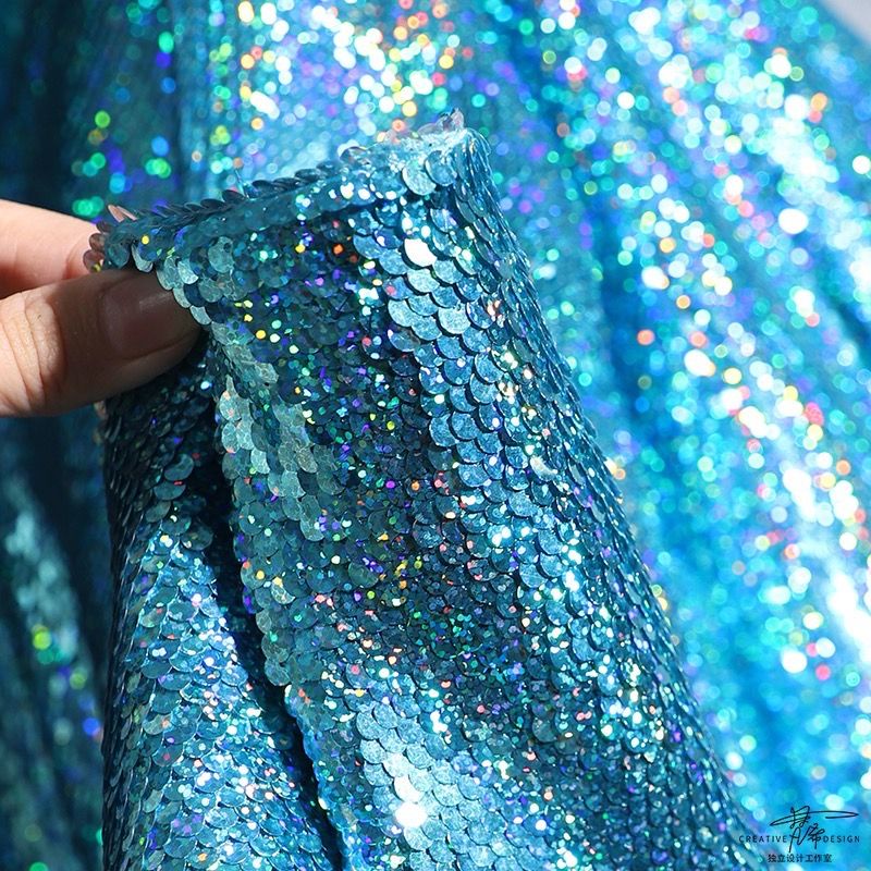現貨 布 布料 水晶藍雙面雙色 金屬質感 細小魚鱗亮片 布料 高檔網紗 服裝 設計師材質
