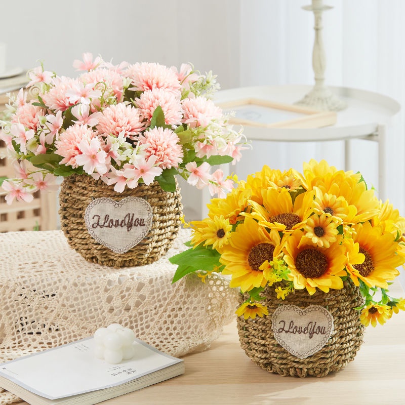 田園風 編織籃向日葵仿真花套裝 假花擺設 客廳餐桌花束 塑膠裝飾品 花藝擺件婚慶小盆栽