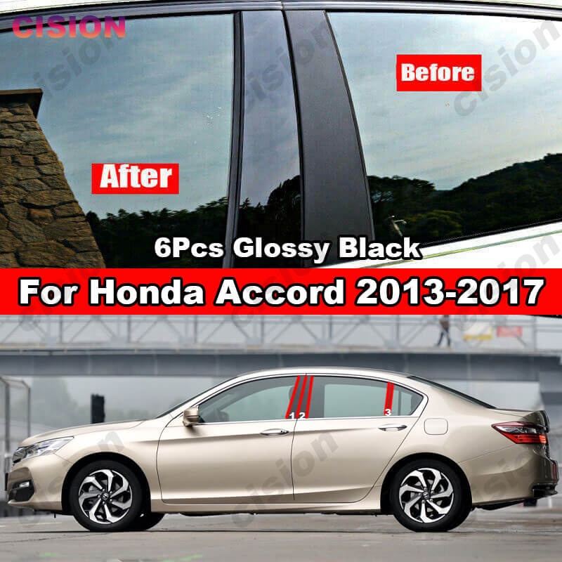 HONDA 適用於本田雅閣轎車 G9 2013-2017 6 件亮黑色車窗門中心柱 B C 柱柱蓋鏡面效果裝飾碳纖維 P