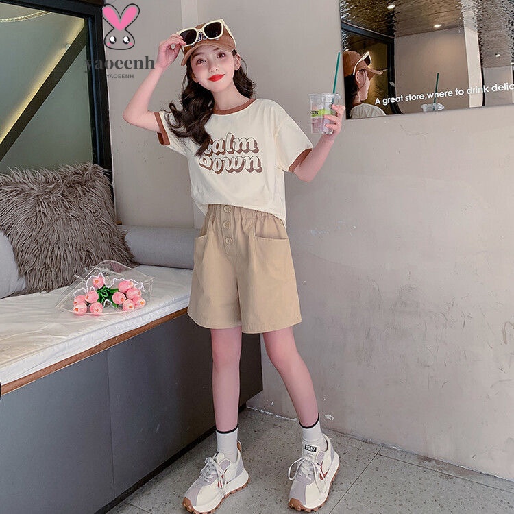 【YAOEENH】120-170CM 韓版女童套裝 夏季中大童休閒洋氣寬鬆字母上衣短褲兩件套 現貨 快速出貨