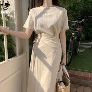 牛奶少女[氣質出眾]韓國chic夏季新款設計感小眾圓領短袖洋裝洋裝女緊身抽繩氣質中長裙