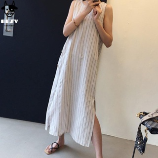 牛奶少女[氣質出眾]韓國chic夏季新款減齡洋氣薄款顯瘦氣質側邊鈕扣條紋無袖洋裝洋裝女