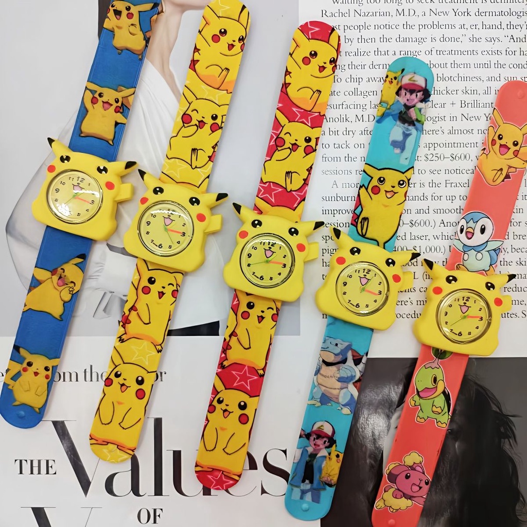 可愛卡通印花拍拍手錶,皮卡丘兒童玩具手錶,可以看時間的手錶 寶可夢