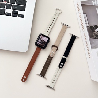 拼色雙釘真皮錶帶 適用 apple watch 蘋果錶帶 iwatch SE 1-9代通用 Ultra 細款雙色皮革錶帶