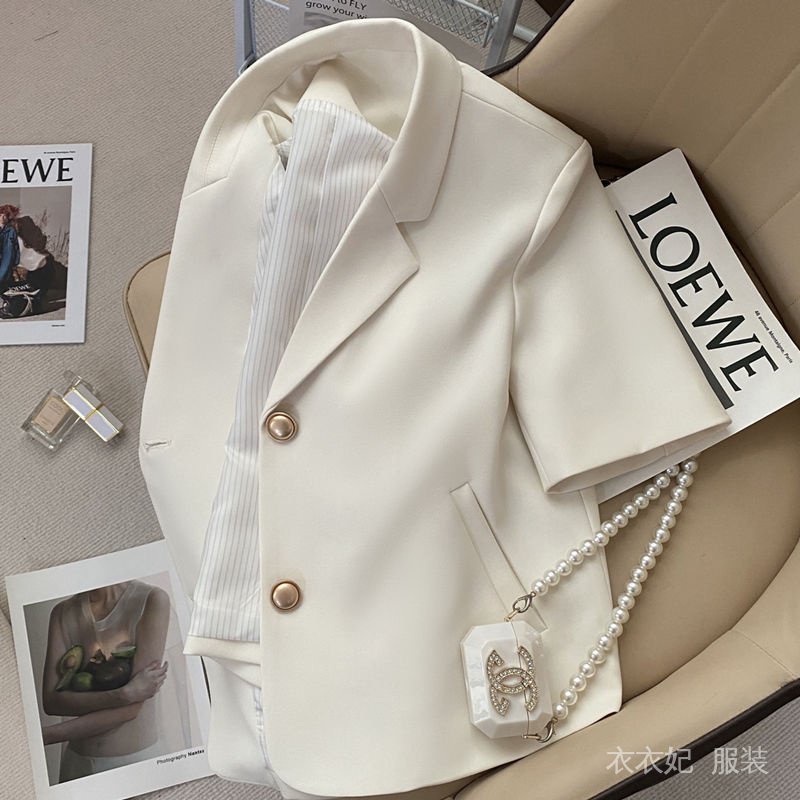 現貨【韓系】設計感 ✅♥ 米白色短袖西裝外套女夏季夏天小個子短版西裝外套 薄西裝外套