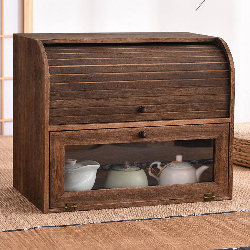 櫃置物架雙層茶防塵收納茶壺收納盒化妝品實木茶杯桌面文具茶具櫃J
