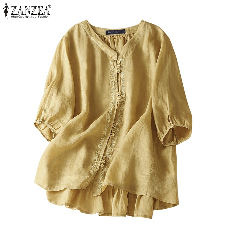 Zanzea 女式姿勢 V 領半袖純色刺繡襯衫