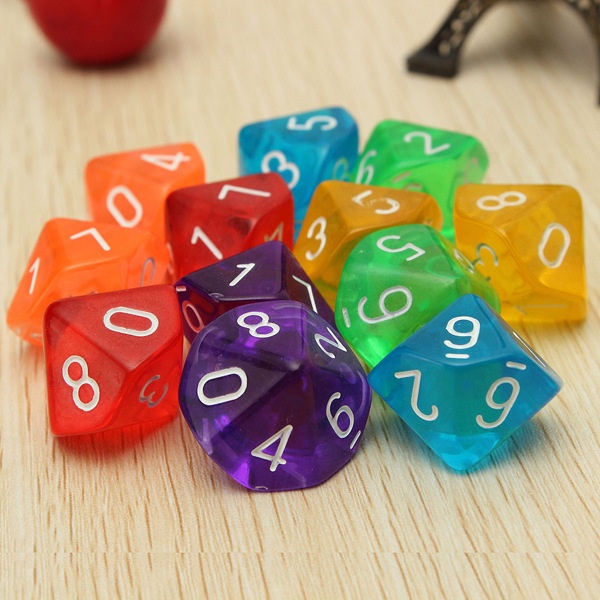 2pcs 10面0-9透明色多面數字骰子十面骰子骰子骰子骰子6色