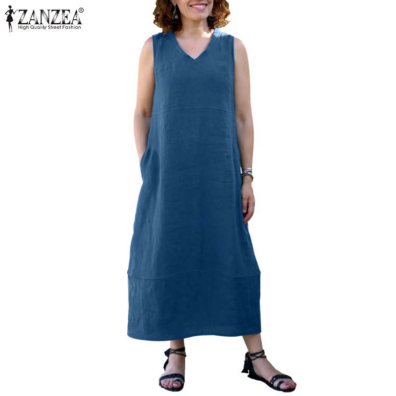 Zanzea 女士復古日常側袋棉質 V 領 O 形連衣裙