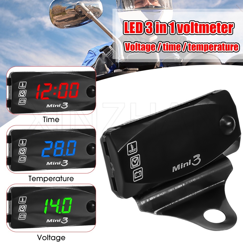 3合1電子鐘+溫度計+電壓/通用摩托車led電壓/ip67防水數顯手錶/迷你電池檢測測試儀溫度計