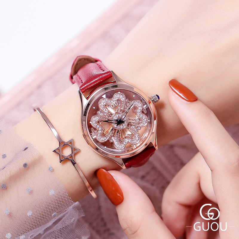 GUOU  66631 時尚愛心型轉盤 鏤空 精美水鑽腕錶 氣質百搭 女士手錶(送精美表盒）