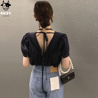 牛奶少女[氣質出眾]韓國chic夏季新款氣質後抽繩露背泡泡袖襯衫女設計感小眾襯衫上衣