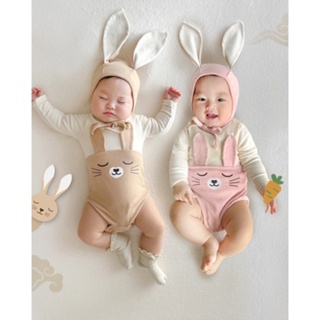 AKUI⚡新款韓國嬰兒可愛小兔子拼色造型包屁衣送帽子 ins款兔年新生兒衣服 男女寶寶可愛洋氣純棉短袖連身衣套裝