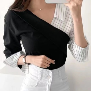 【SheSaid】韓國春季新款顯瘦條紋拼接襯衣 通勤時尚設計感長袖襯衫上衣