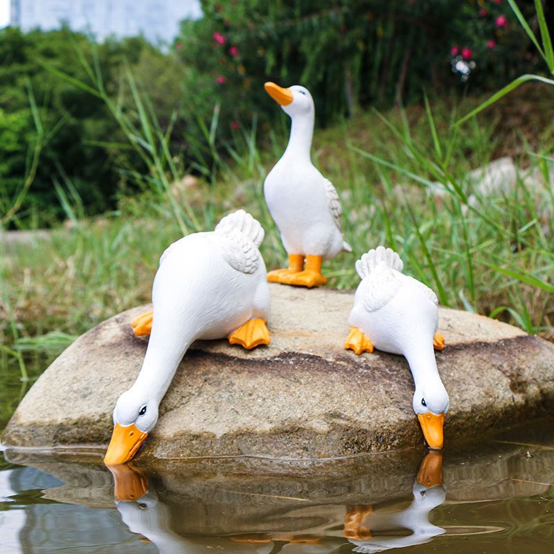 戶外仿真動物 可愛喝水鴨子擺件 庭院花園水池魚池水景裝飾 造景佈置