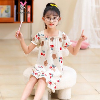 【YAOEENH】95-155CM 兒童睡裙 小女孩洋裝卡通圖案 夏季薄款短袖泡泡皺家居服 現貨 快速出貨