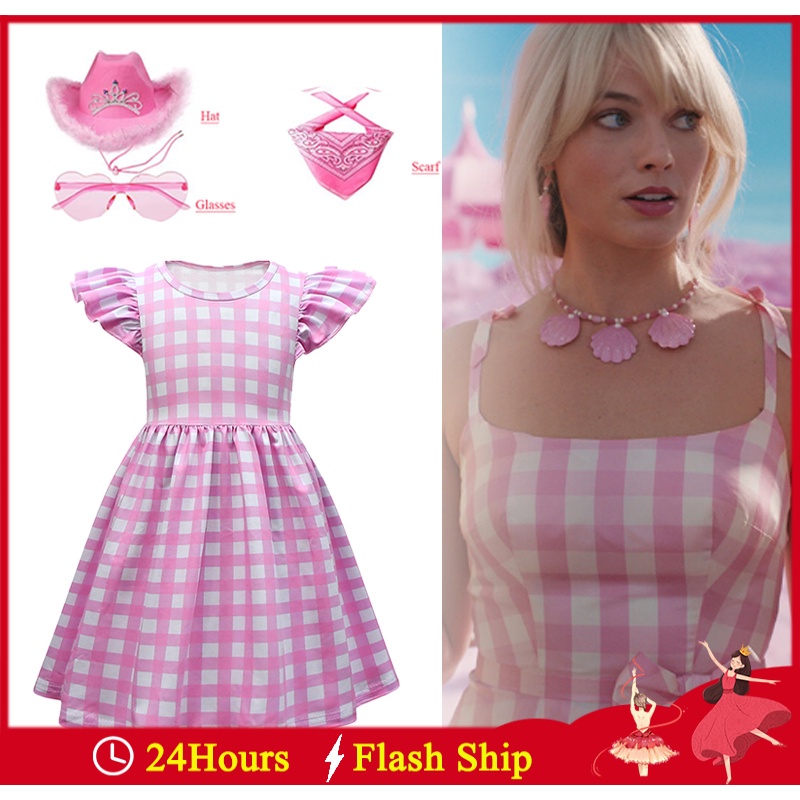 女嬰芭比娃娃連衣裙 Margot Elise Robbie 兒童角色扮演服裝粉色格子公主 Terno 嬰兒衣服套裝