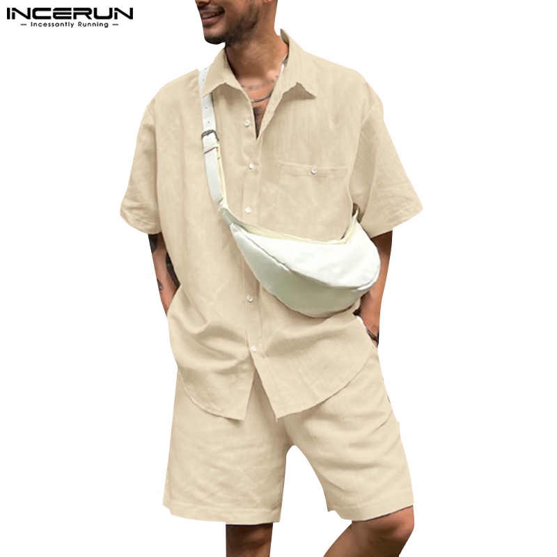 Incerun 男士純色短袖襯衫+短褲休閒套裝