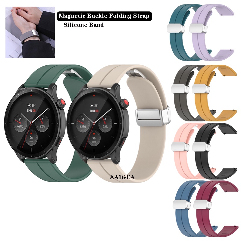 矽膠磁吸扣折疊扣錶帶 適用於華米amazfit GTR 4 GTR3 GTR2/GTS 2 3 4/ Stratos 2