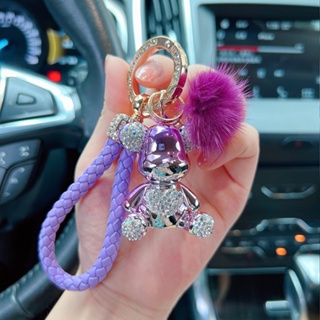 可愛電鍍泰迪熊鑰匙圈鑰匙扣創意皮繩坐姿鑲鑽愛心公仔汽車鑰匙扣女包挂件