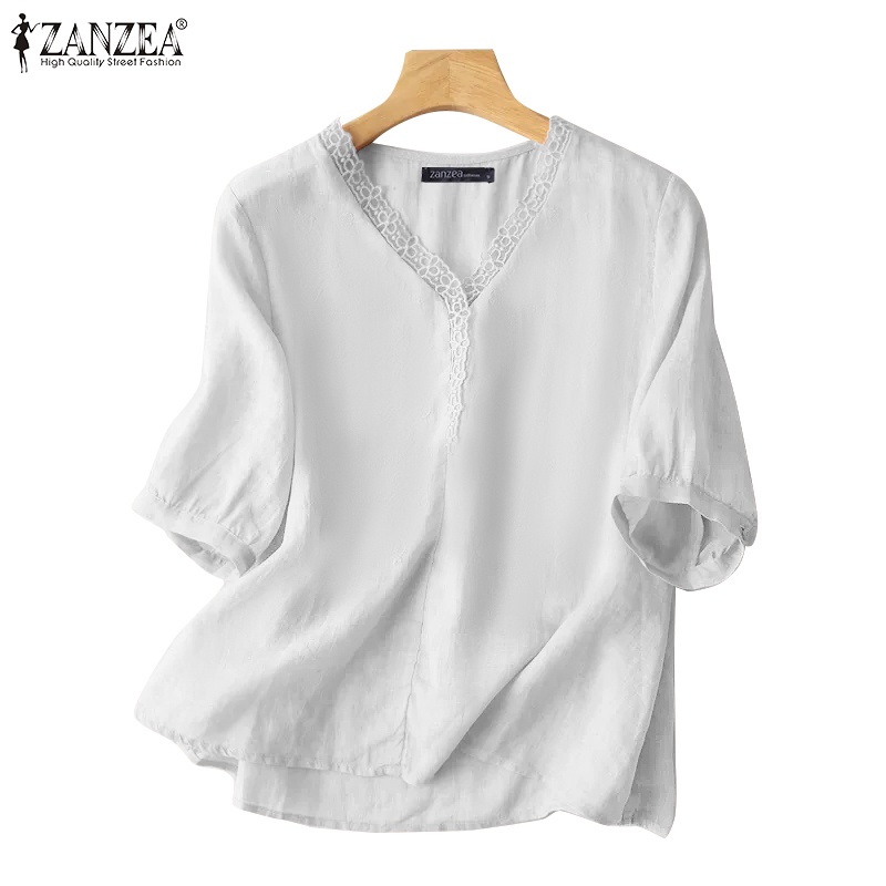 Zanzea 女式韓版 Pose Daily V 領拼布四分之三袖棉質襯衫