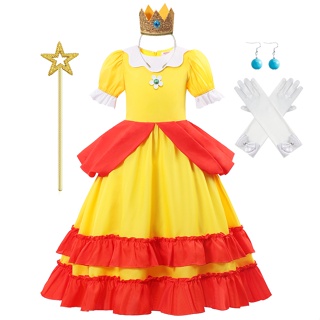 桃子公主女孩角色扮演連衣裙兒童超級馬里奧 Vestidos 派對禮服嘉年華萬聖節超級馬里奧服裝