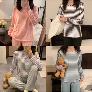 春秋季帶胸墊條紋長袖睡衣套裝女士牛奶絲休閑簡約圓領套頭家居服