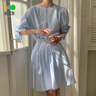 ROEV[氣質女神]韓國chic夏季法式溫柔圓領素色泡泡袖襯衫+高腰顯瘦A字型半身裙女