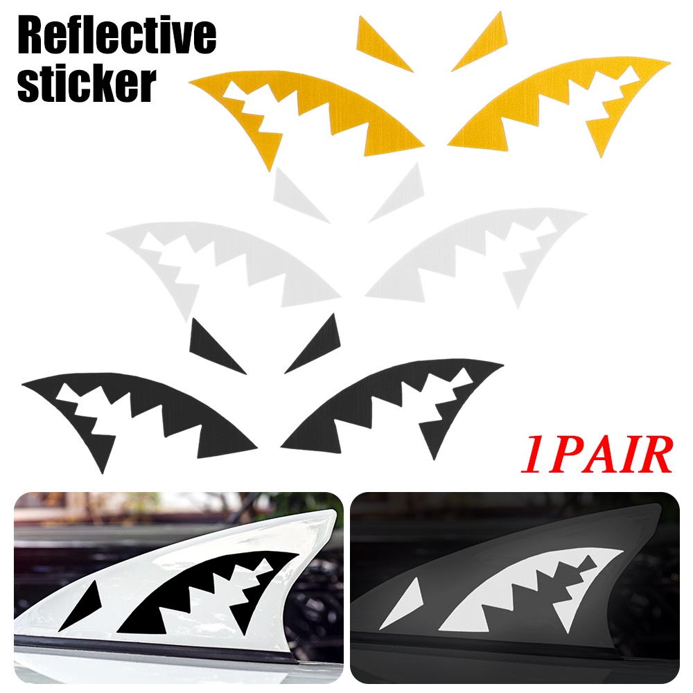 1 對汽車鯊魚鰭天線反光貼紙反光鯊魚牙齒天線貼紙自粘防水鯊魚嘴貼花多色創意個性裝飾