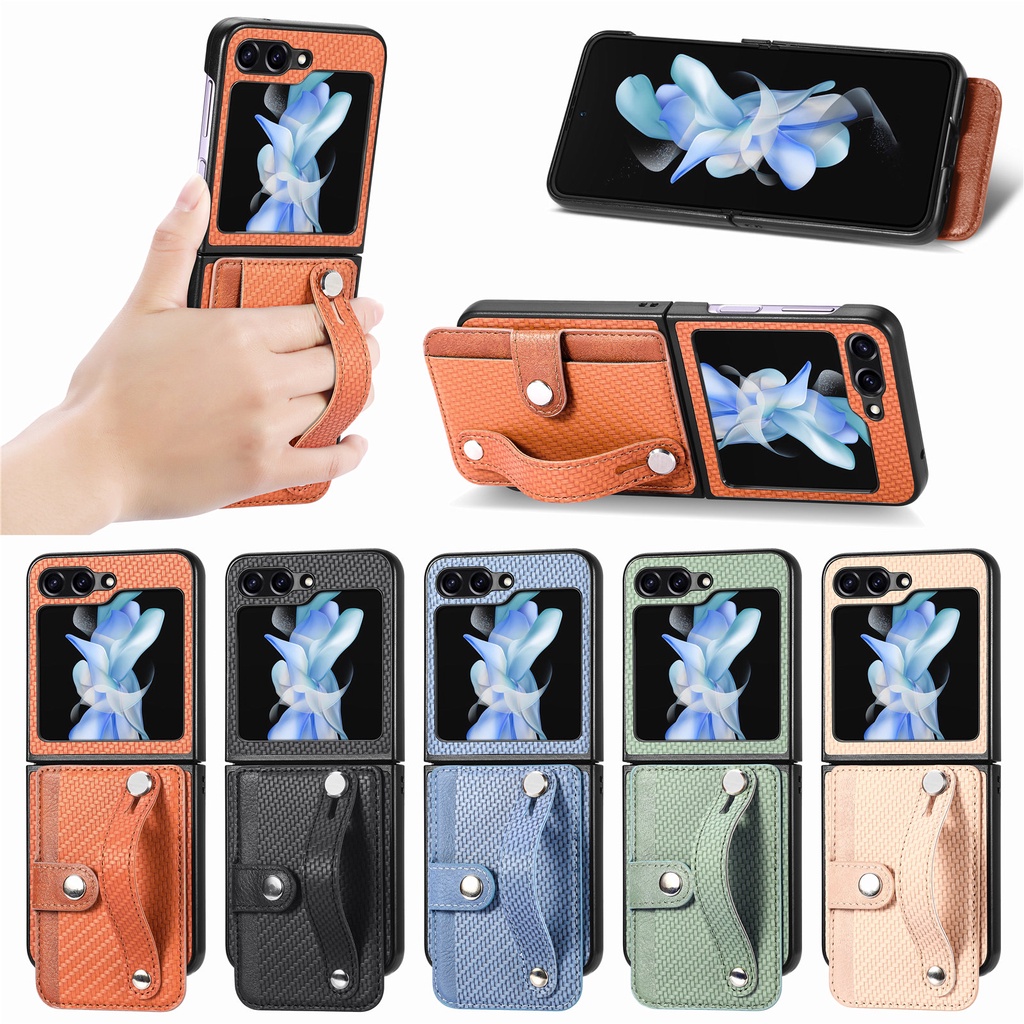 纖維紋卡包手機殼適用於三星Galaxy Z Flip 5 Z Flip 3 Z Flip 4 Z Flip 2 手腕支架