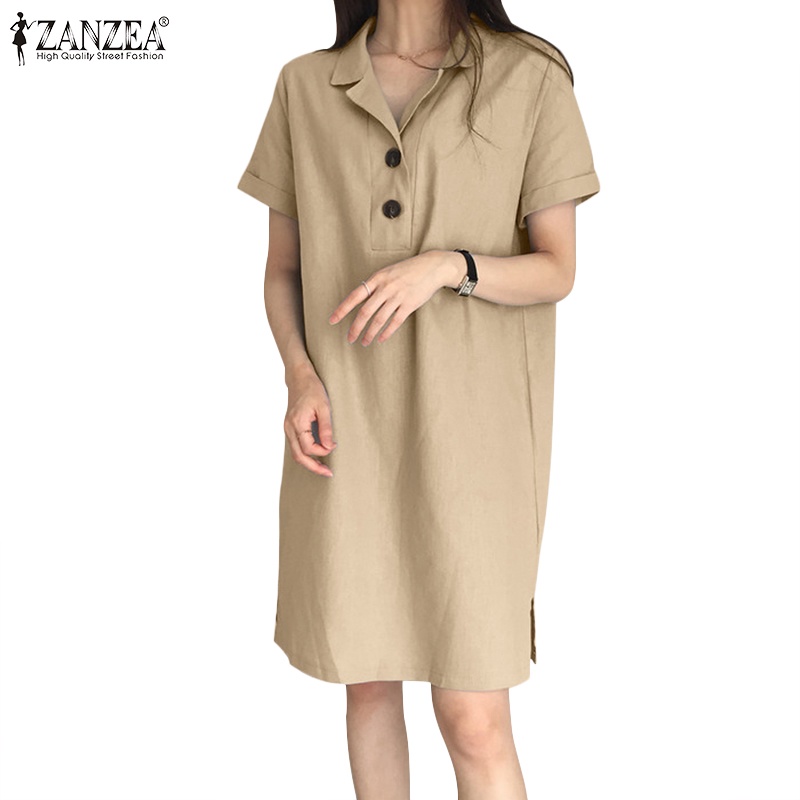 Zanzea 女式韓版日常翻領 V 領下擺開口短袖襯衫連衣裙