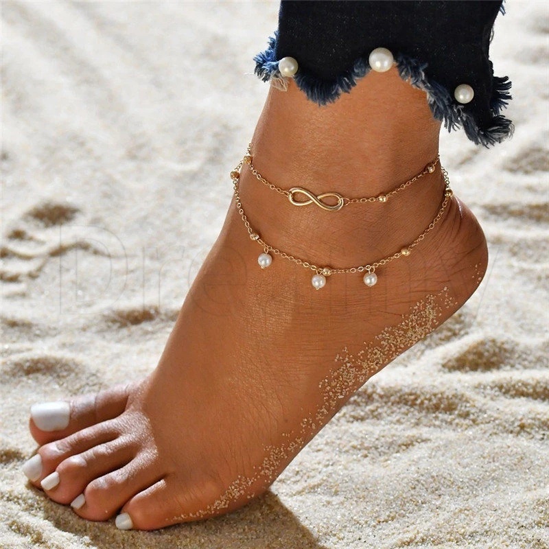 時尚簡約雙層波西米亞風8字星星珍珠愛心蝴蝶吊墜赤腳腳鍊配飾沙灘赤腳涼鞋仿珍珠足飾品