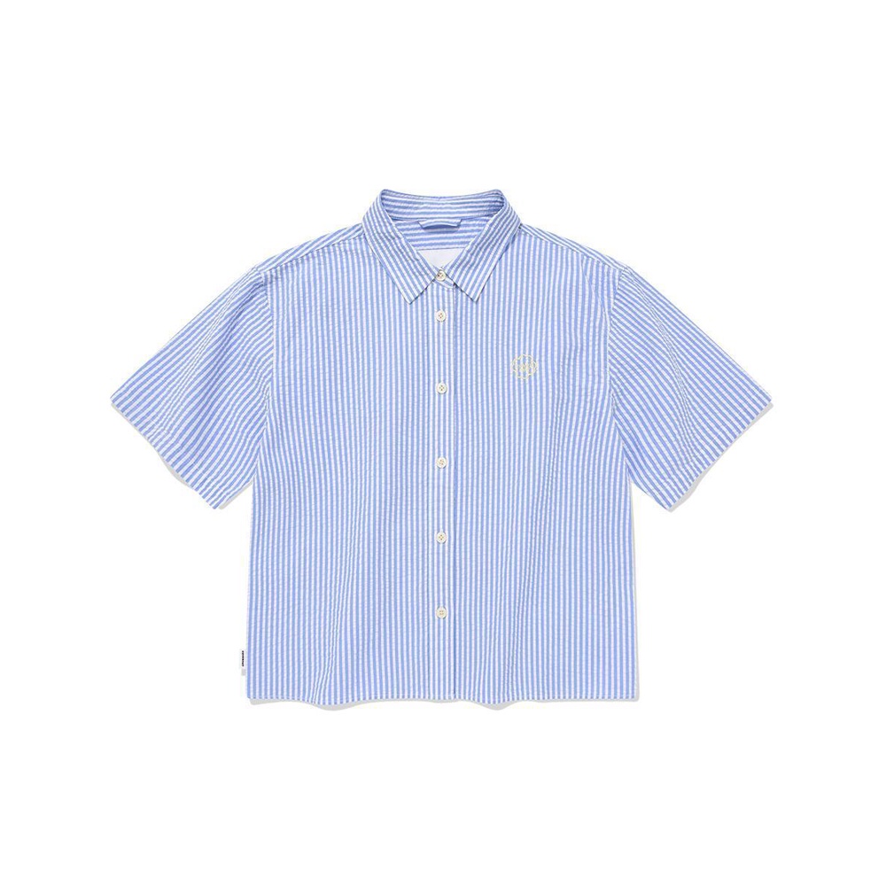 [COVERNAT]  女式泡泡紗條紋短袖襯衫（淺藍色） [G8]