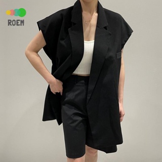 ROEV[氣質女神]韓國chic夏季法式復古翻領無袖西裝外套+高腰顯瘦寬版短褲套裝女