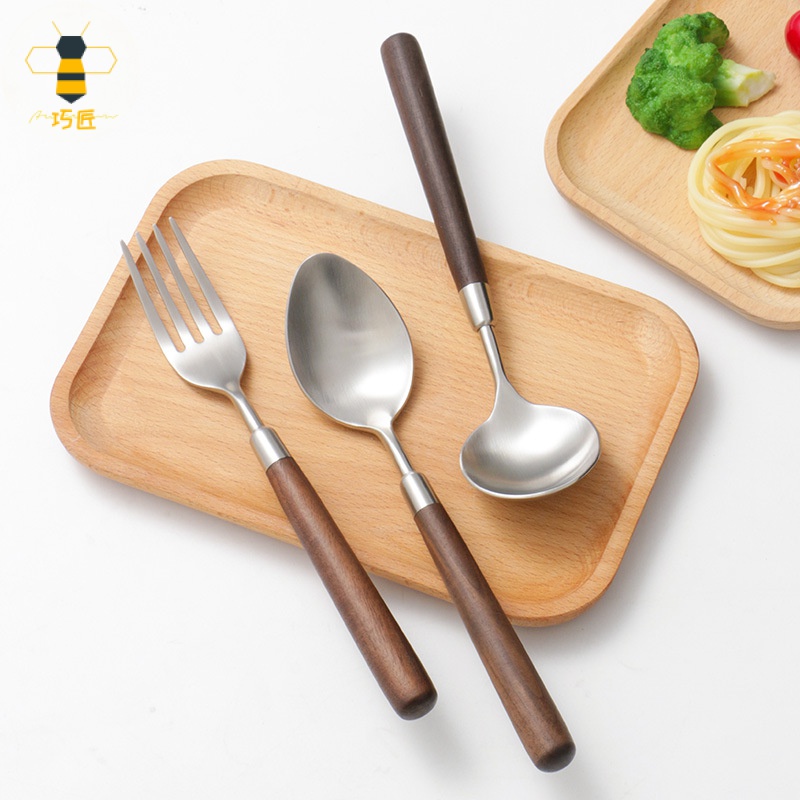 韓系家用304不鏽鋼叉子餐具 胡桃木西餐叉勺 圓柄叉勺 不鏽鋼勺子叉子湯匙 兒童寶寶湯勺湯匙果叉