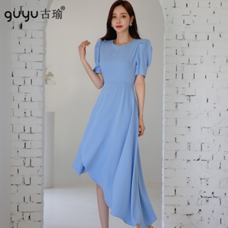 GUYU古瑜 洋裝韓【S-XL】2023新款夏季圓領短袖不規則收腰洋裝藍色長禮服