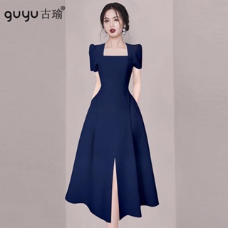 GUYU古瑜 洋裝韓【S-XL】2023新款夏季方領短袖前中開叉A字洋裝氣質素色連身裙 晚禮服