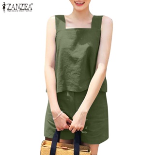 Zanzea 女式韓版無袖方領吊帶背心背心側袋短褲休閒棉麻套裝