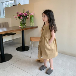 女童韓版洋氣法式背心裙 2023年新款夏裝 可愛兒童簡約公主風洋裝 潮 1-12歲小朋友粉色洋裝