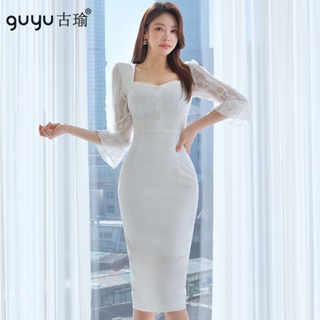 正韓洋裝【S-XL】2023新款夏季寬領七分袖合身白色洋裝窄裙包臀禮服