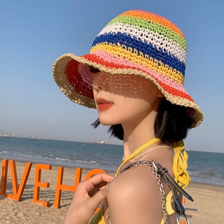 韓國泫雅彩虹草帽女夏季沙灘遮陽漁夫帽