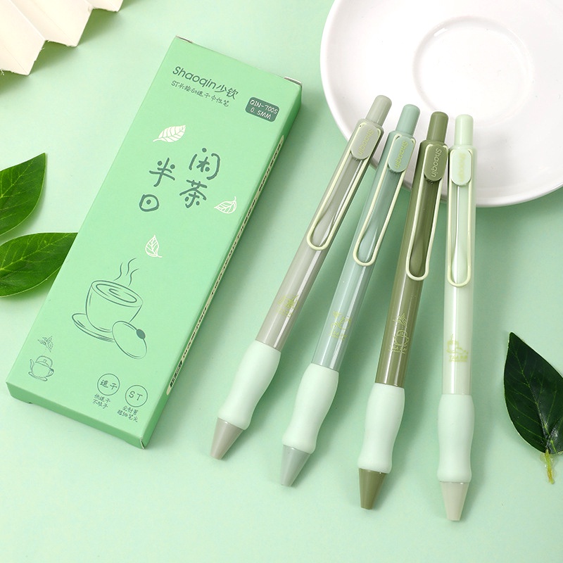 4 支創意抹茶綠 0.5 毫米中性筆套裝超柔軟握手黑色墨水筆 ST 筆尖可伸縮圓珠筆辦公文具用品