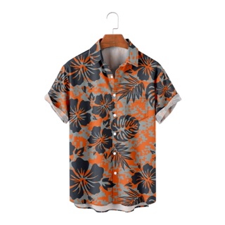 男士橙色熱帶花卉和棕櫚葉短袖夏威夷襯衫