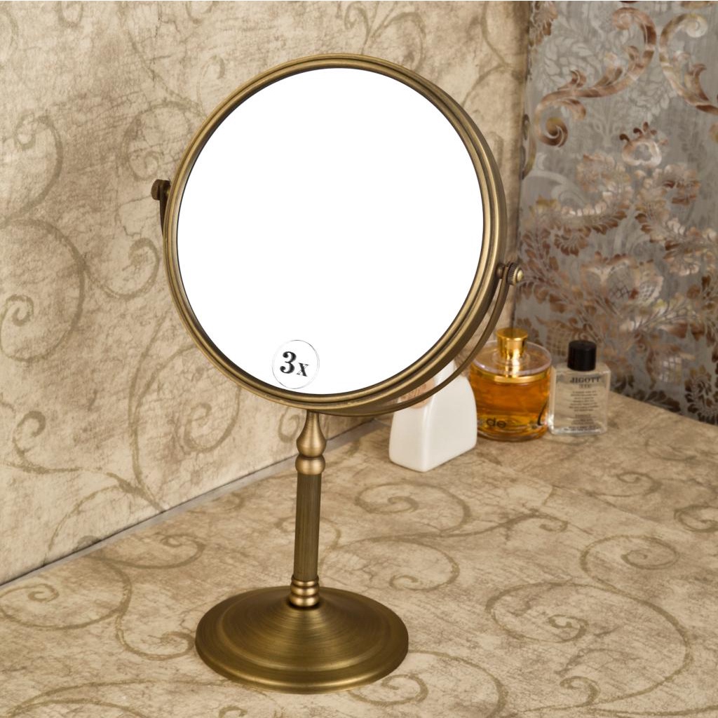 免運 全銅仿古歐式台式立式化妝鏡 復古美容鏡 可旋轉雙面三倍放大浴室鏡